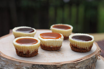 Mini White Chocolate Cheesecakes with Assorted Caramels